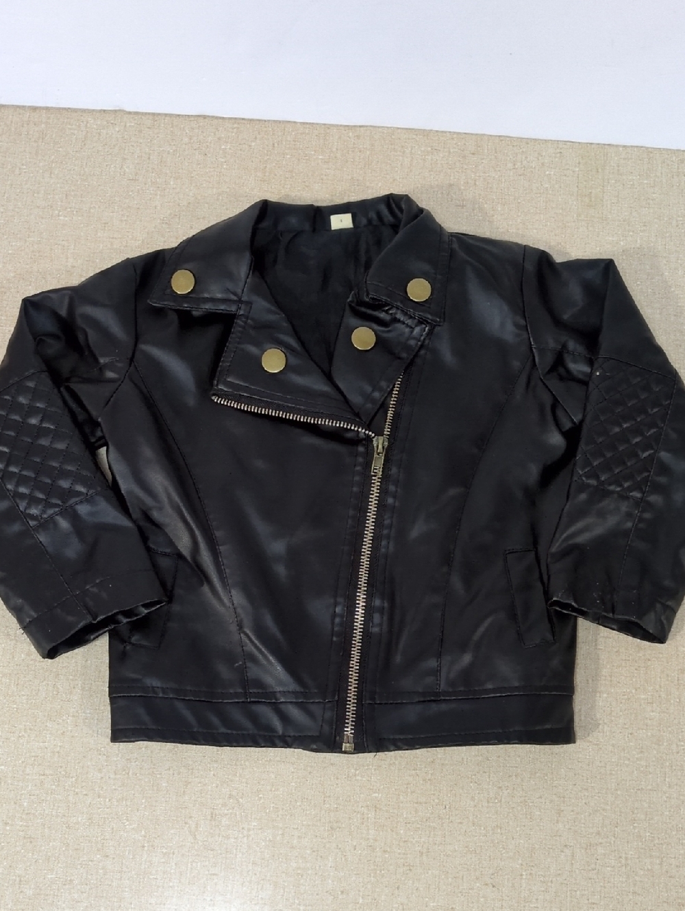Kids Black Faux Leather Biker Moto Jacket Quilted Buttons Hold Accent Punk 5/6